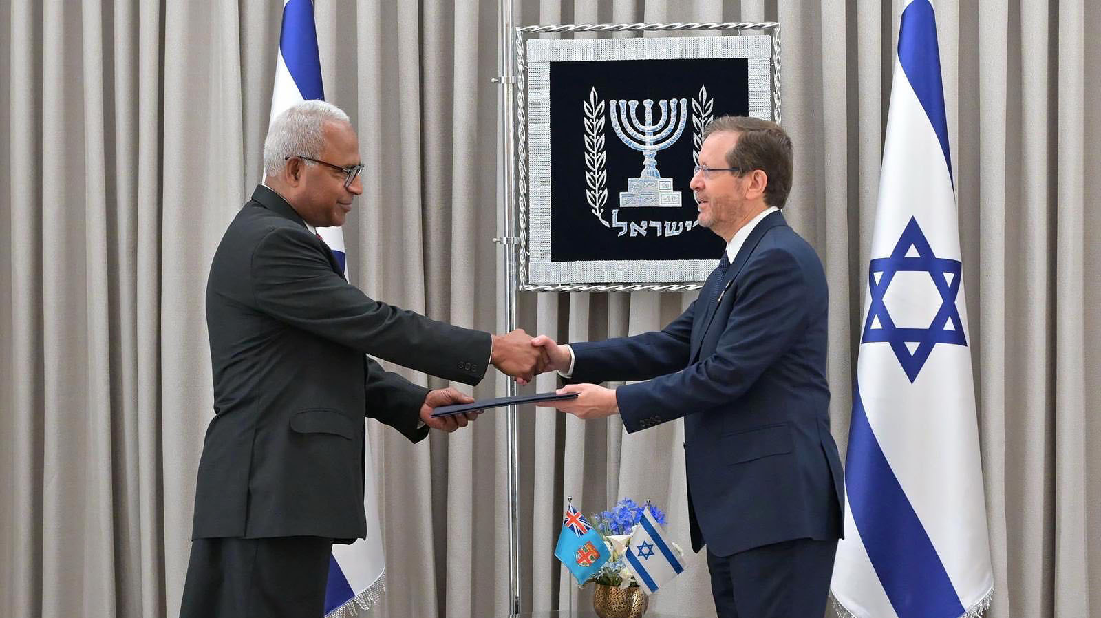 Ambassador Filipo Tarakinikini presents his credentials as Fiji's non-resident ambassador to the State of Israel