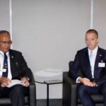 (L – R) Permanent Secretary for Foreign Affairs and External Trade, Ambassador Solo Mara, Minister for Foreign Affairs and External Trade, Honourable Sakiasi Ditoka, and Minister of Foreign Affairs of the Republic of Serbia, H.E. Mr. Marko Đjuric, on the margins of the 81st Session of the United Nations General Assembly in New York.
