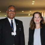 Minister for Foreign Affairs and External Trade, Honourable Sakiasi Ditoka with Director General of the International Organization for Migration (IOM), Ms. Amy Pope at the margins of the UNGA81 in New York.
